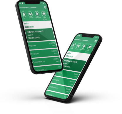 Dois celulares mostrando o app Silo Virtual com o extrato de uma safra